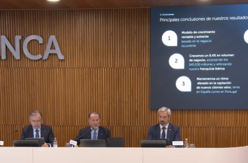 O presidente do ABanca, Juan Carlos Escotet Rodríguez, CEO, Francisco Botas, e CFO, Alberto de Francisco/Foto: Apresentação dos Resultados